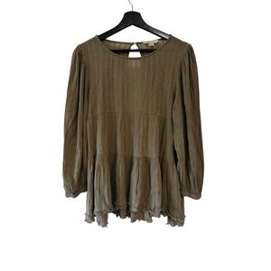 AM Sz XS Boho Olive Green Tunic Top Long Sleeve Frayed Hem Casual Cute Blouse‎